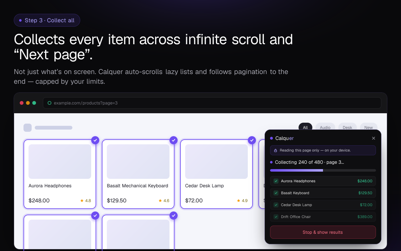 Calquer collecting every item across scroll and pagination