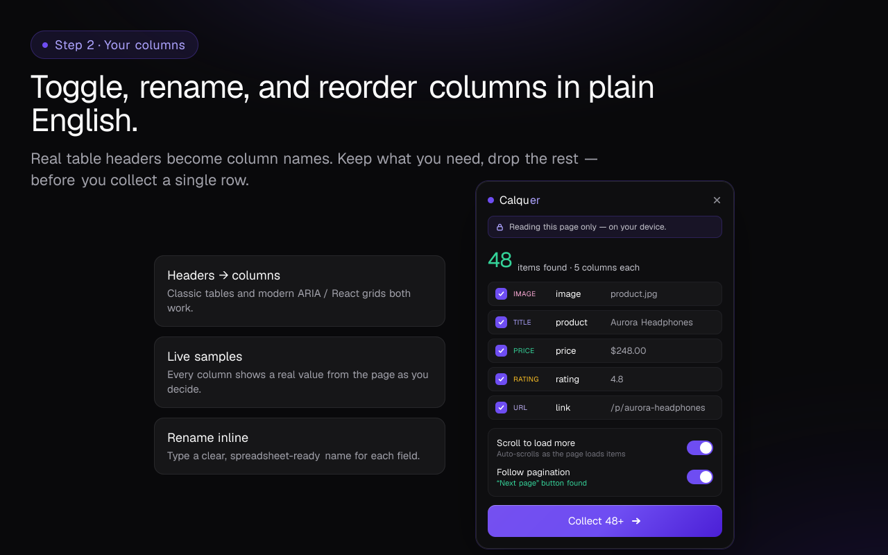 Toggling and renaming the columns to export in the Calquer panel