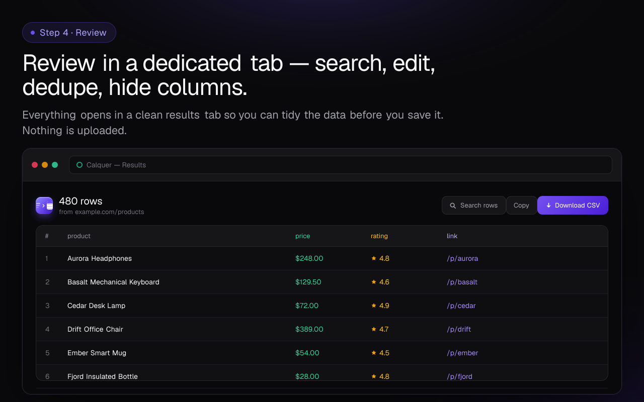 Reviewing collected rows in the Calquer results tab before export